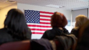 NEWARK, NEW JERSEY - FEBRUARY 16: Candidates for US citizenship listen to speeches during a naturalization ceremony for new US citizens February 16, 2017 in Newark, New Jersey. Eighty-nine applicants from thirty-seven countries received their certificates of citizenship. (Photo by Robert Nickelsberg/Getty Images)